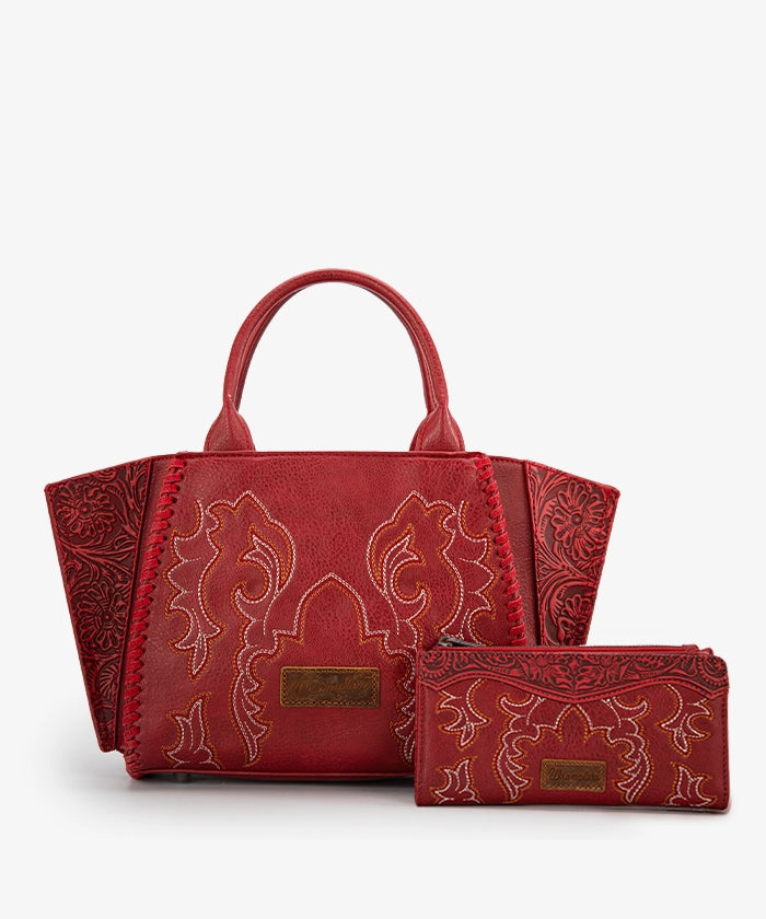Wrangler Embroidered Boot Scroll Tote Bag Set - RED / TOTE BAG & WALLET