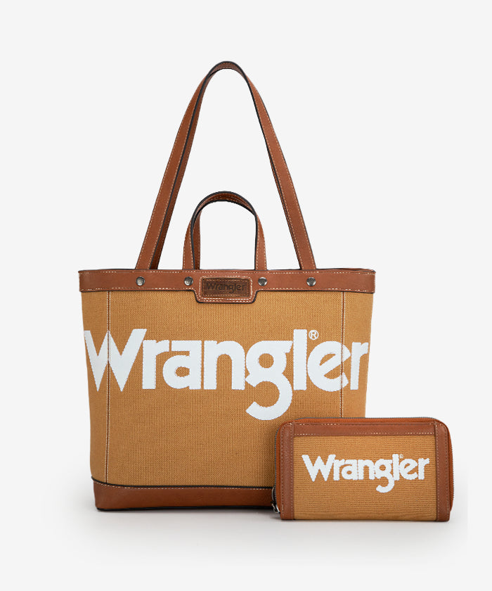 Wrangler Leather Trim Canvas Tote Bag Set - BROWN / TOTE & WALLET