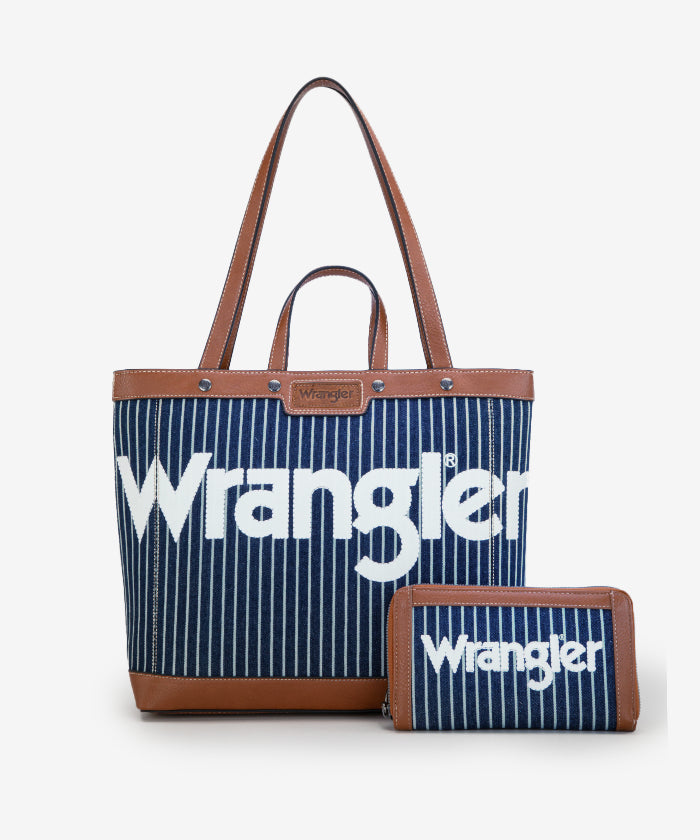 Wrangler Leather Trim Canvas Tote Bag Set - NAVY / TOTE & WALLET