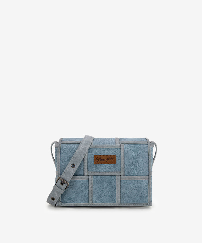 Wrangler Woven Tooled Grid Panel Flap Crossbody Bag - JEAN