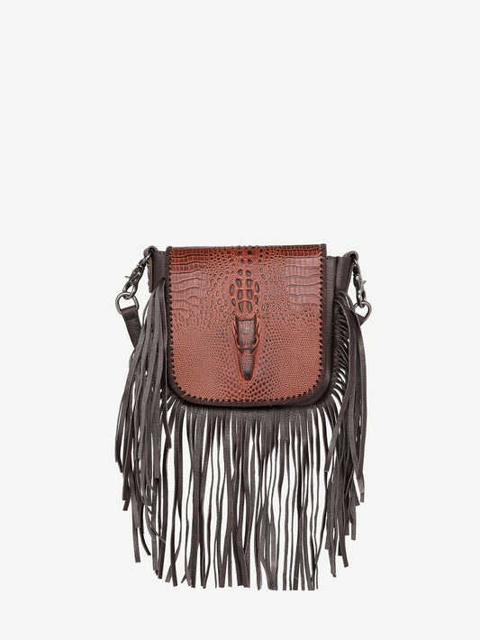 RLC-L159 Montana West Genuine Leather Tooled Collection Fringe Crossbo