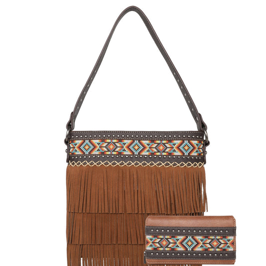 Riviera - Compact Shoulder Bag with Boho Fringe, Authentic Vintage Auburn / Adjustable Crossbody Strap