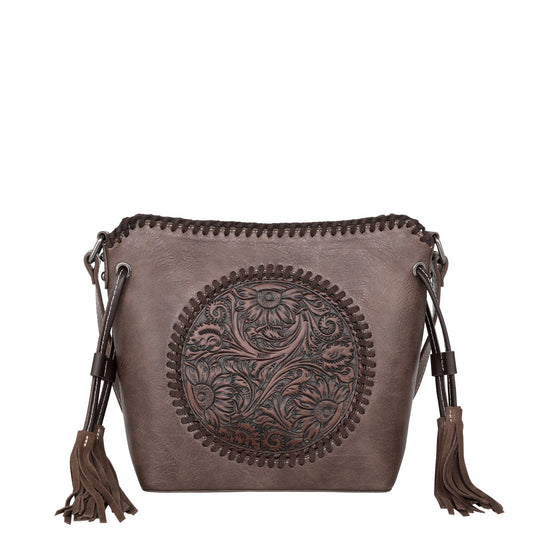 Montana West Genuine Leather Floral Tooled Fringe Crossbody