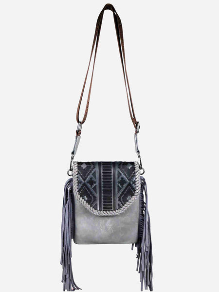 Western Leather Crossbody Bag With Leather Fringe Aztec 