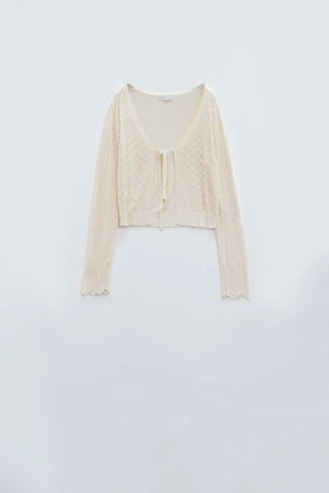 Beige Cardigan with Argyle Print and Tie Closing - MELISSA JEAN