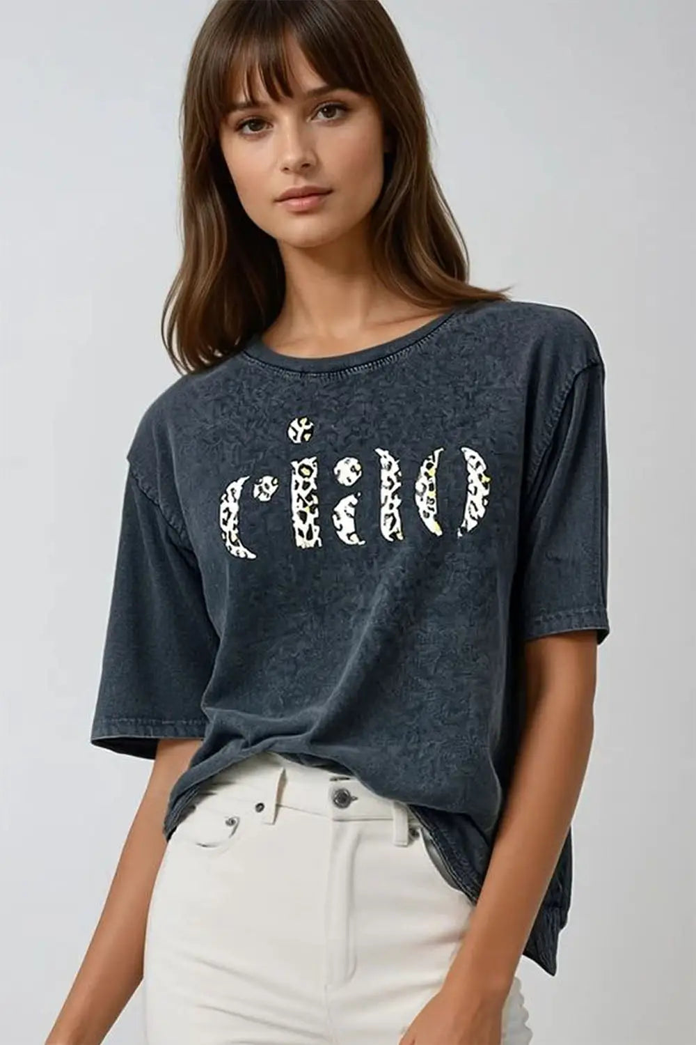 relaxed stonewashed Black T-shirt With Ciao in Leopard Print