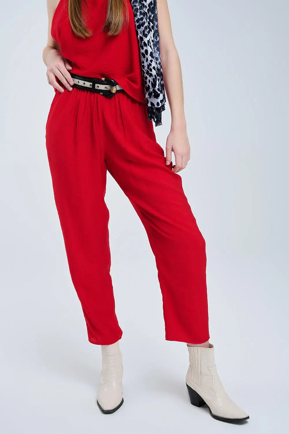 Summery Pants With Elastic Waist and Pockets In Red