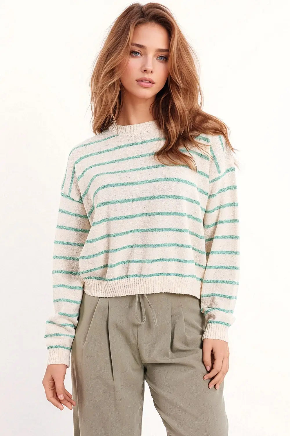 Sweater With Drop Shoulders in White with Green Stripes