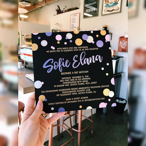 Sofie Elana Bat Mitzvah invitation New Jersey 4 color foil print on black card stock paper