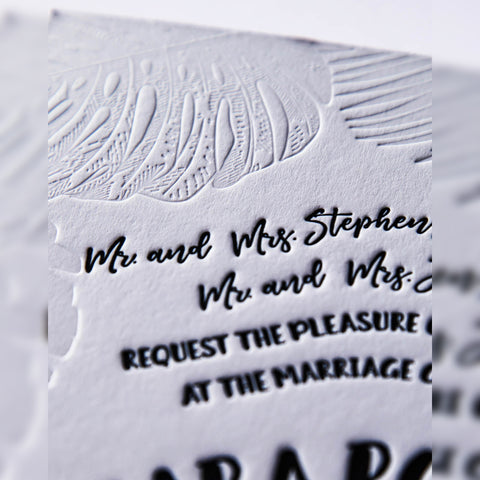 Mr. and Mrs. Stephens black and white letterpress wedding invitation