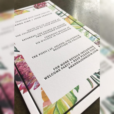 Flat digital print frame border black letterpress letters for Amanda Sims and John Francis invite to celebration of their wedding