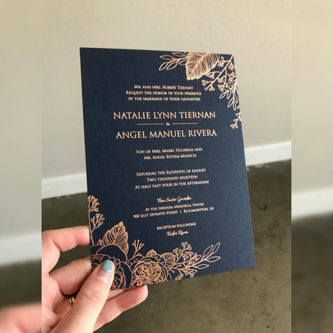 Natalie Tiernan and Angel Rivera Wedding invitation rose gold foil Imperial Blue Colorplan print 