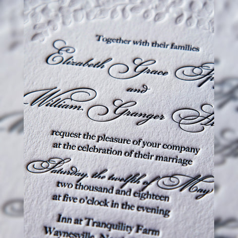 Elizabeth and William wedding invitation black letterpress on white paper card stock