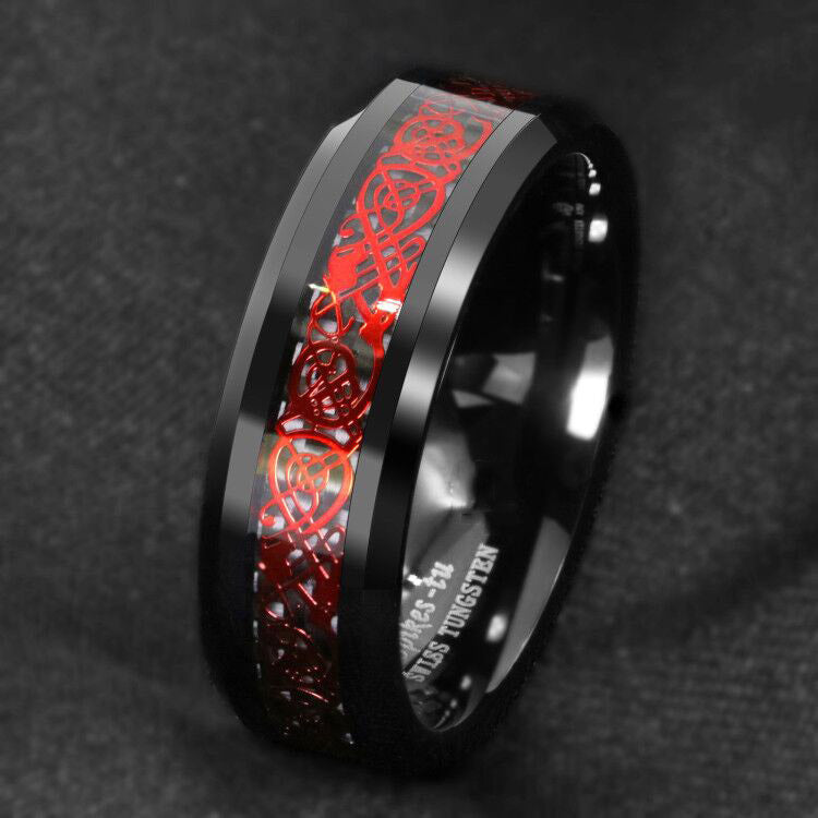 Red Opal Black Dragon Inlay Tungsten Ring – RING OF GOD