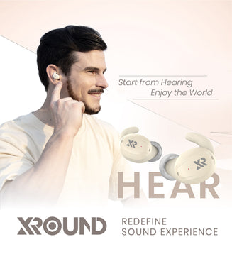 A man is wearing earphones, which are OTC hearing aids with Bluetooth, the taiwan brand XROUND of earphone aids