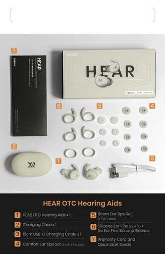 OTC hearing aid package content has 7 kinds of accessories, there are HEAR OTC Hearing Aids and Charging Cas