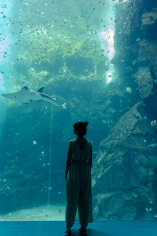 Woman standing in front of an aquarium and wearing a jumpsuit