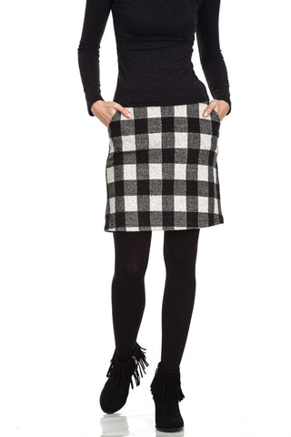 Checked mini skirt and black leggings outfit