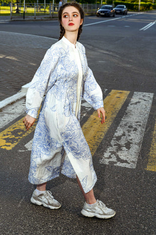 Woman wearing a long kimono dress