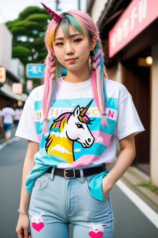 Girl posing with a unicorn tee and jeans