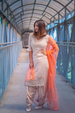 Woman posing with a chikankari kurti and harem pants