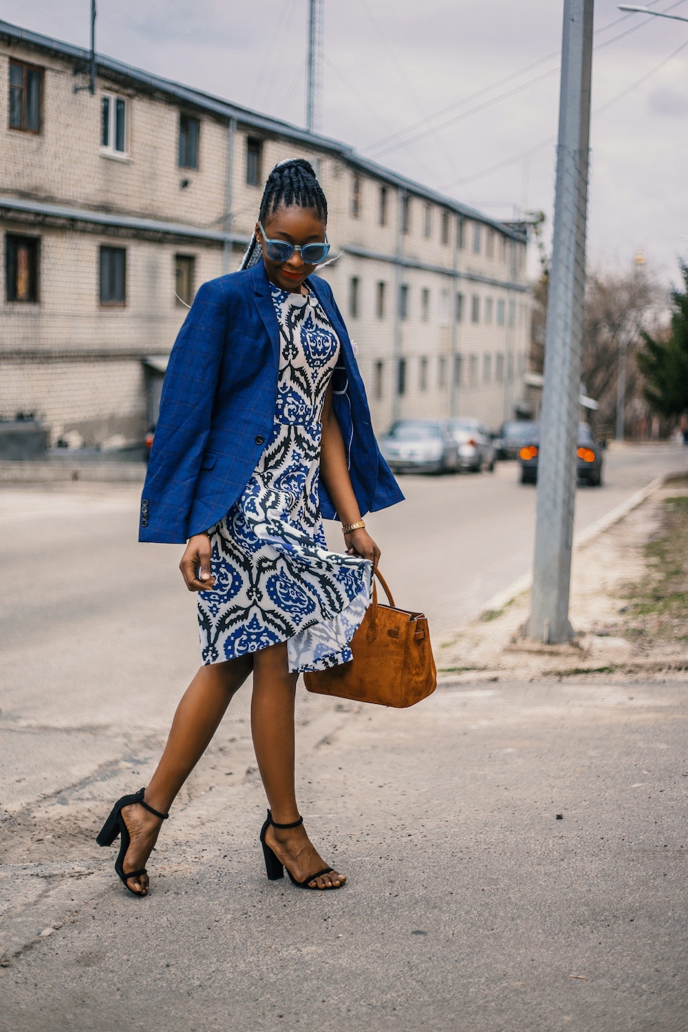 Slip dress and blazer bold patterns