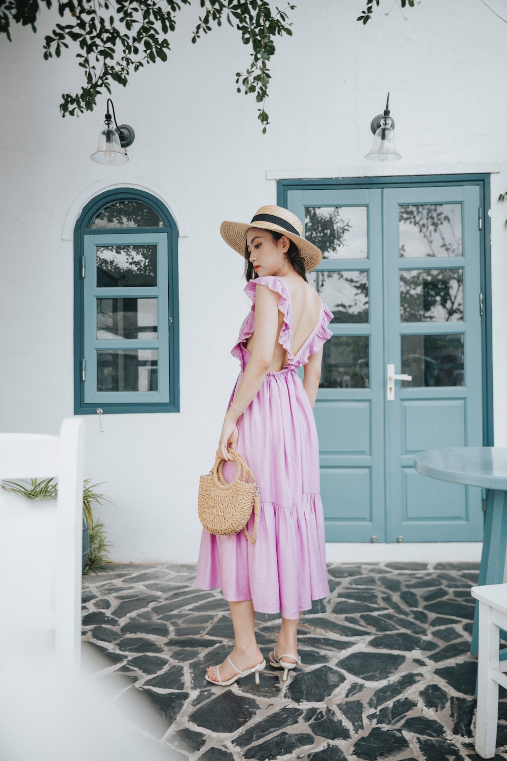pink slip dress fashion wicker bag and hat