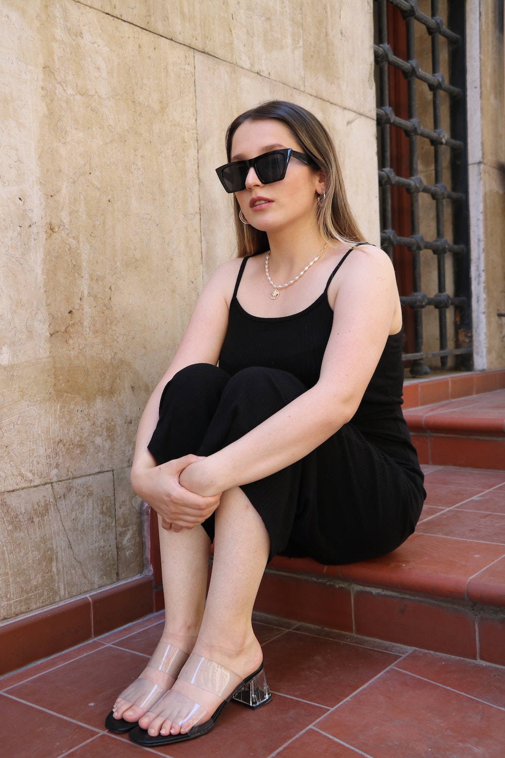 black slip dress sunglasses