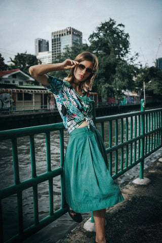 tropical shirt gray skirt