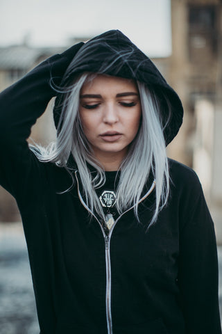 metalhead woman black hoodie