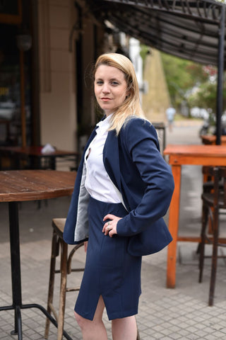 business casual fashion style outfits navy blazer and skirt