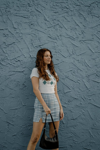gray skirt outfit argyle sweater