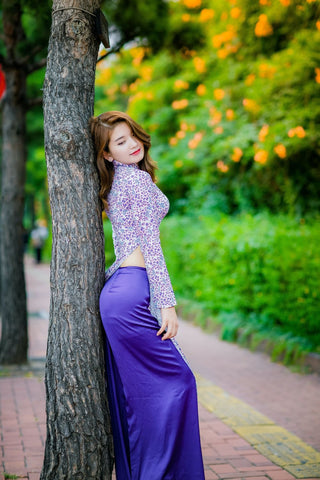 purple skirt outfits floral top