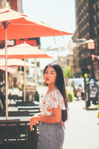 gray skirt floral blouses