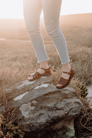 A pair of brown strappy sandals