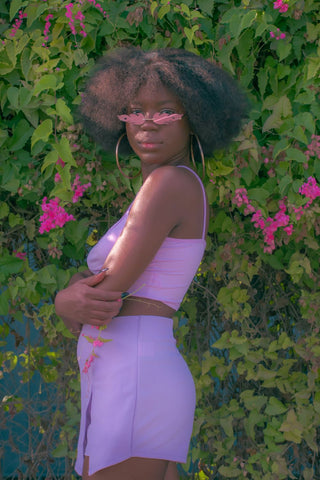 purple skirt outfits crop top