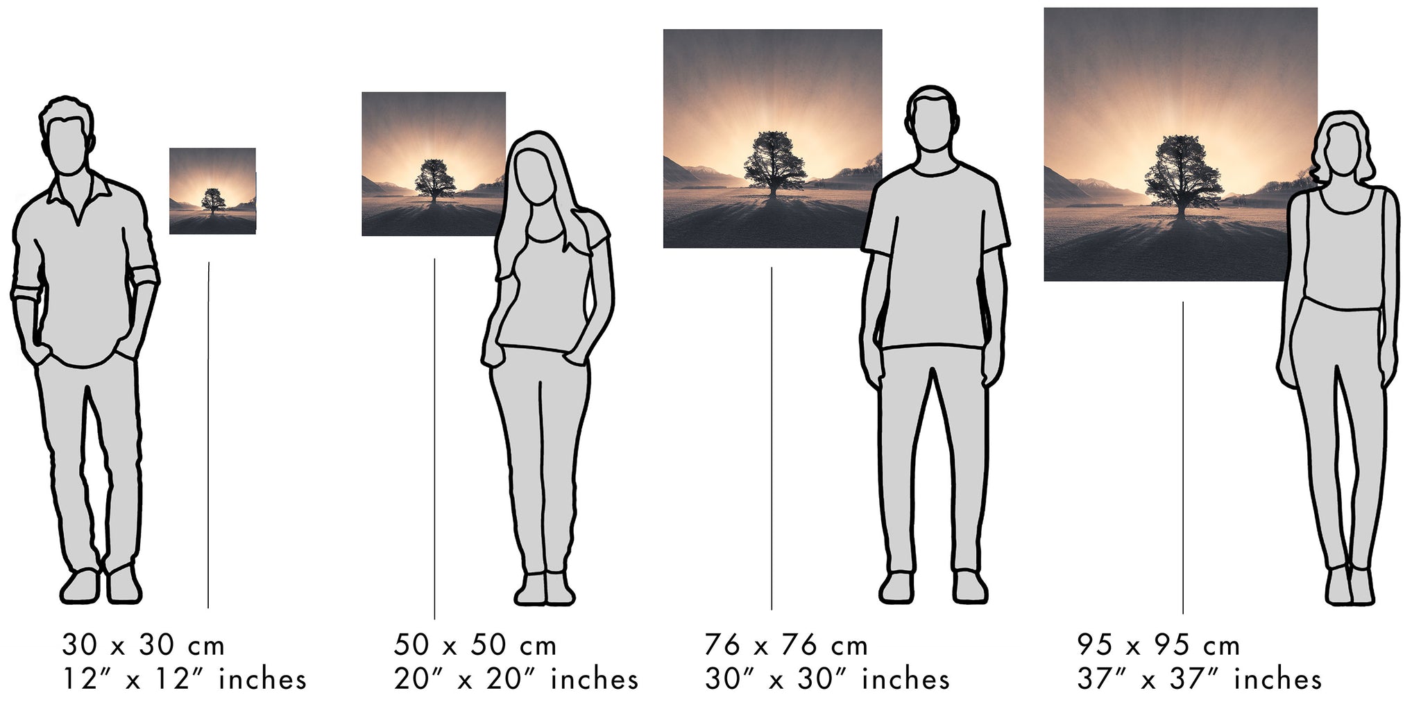 Image of people next to different canvas or print sizes as a comparison guide