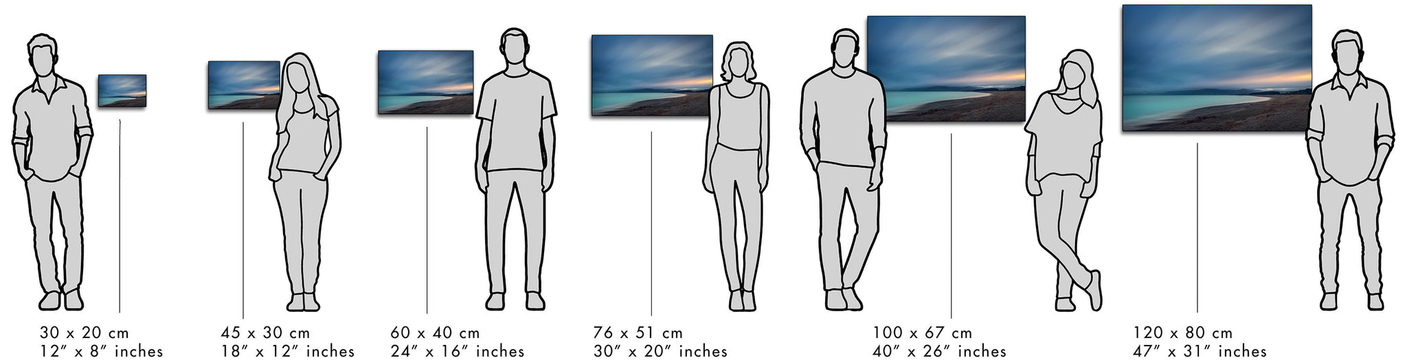 Visual guide to demonstrate the size of the prints in comparison to the size of people