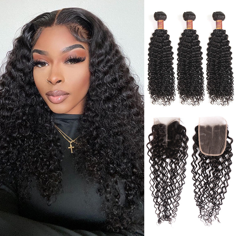 {12A 3Pcs+Closure} Brazilian Jerry Curly 3 Bundles Hair Weft With 4x4 Lace Closure