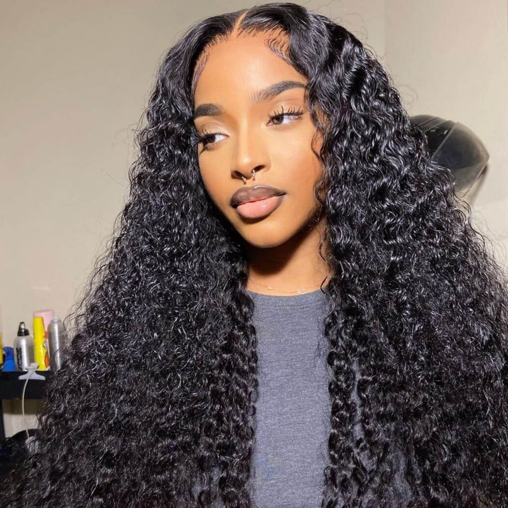 New Deep Curly Transparent Lace Frontal 13*4 Lace Wig Glueless Wig 16-30 Inch 180% Density Natual Black Free Part - arabellahair.com
