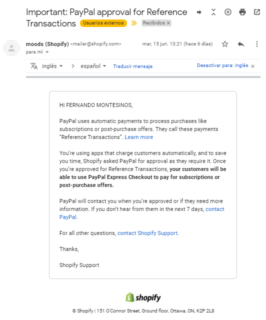 Mail de autorización Shopify - Suscripciones de nuevo disponibles en México con Shopify y Paypal