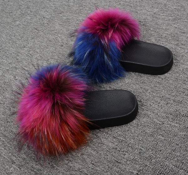 Multi Colored Raccoon Fur Slides 