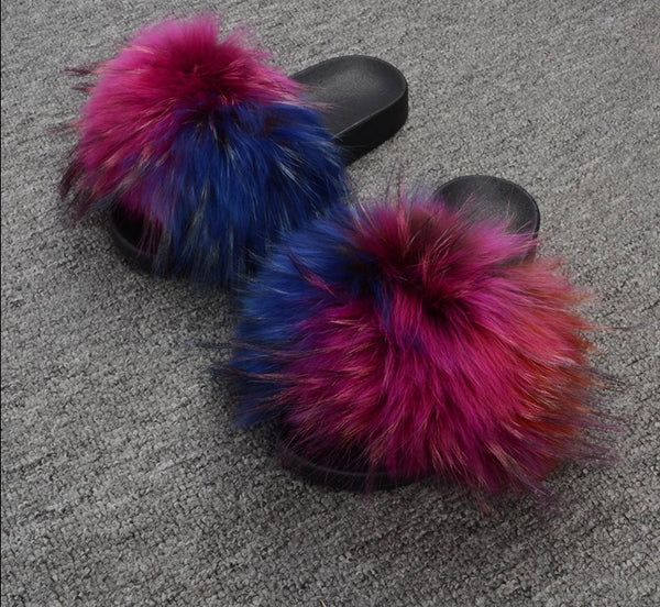 Multi Colored Raccoon Fur Slides 