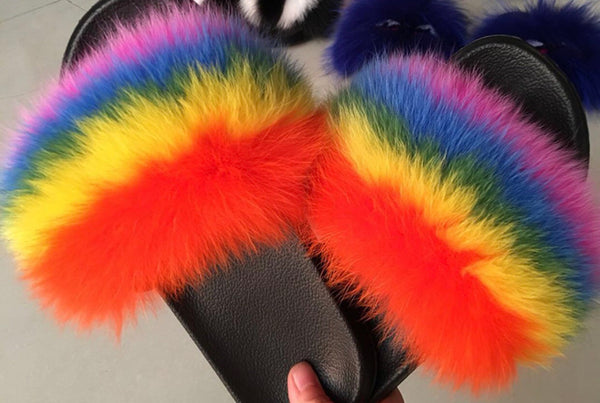 rainbow fox fur slides