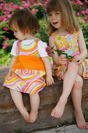 Girls' dresses made with Kaffe Fassett fabric