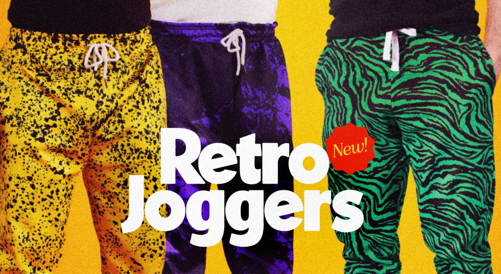 retro style jogger sweatpants in bright and funky patterns for the queer community