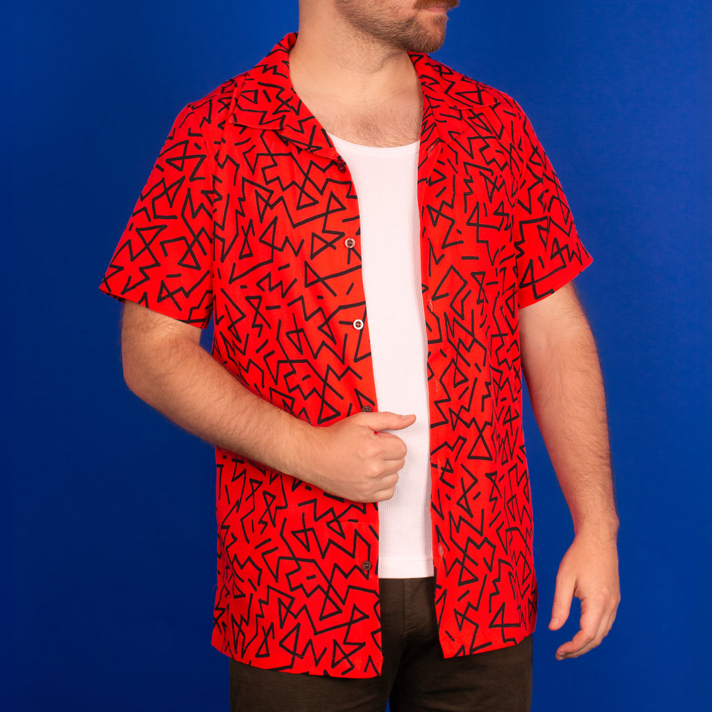 red keith haring inspired 90's style retro hawaiian aloha shirt