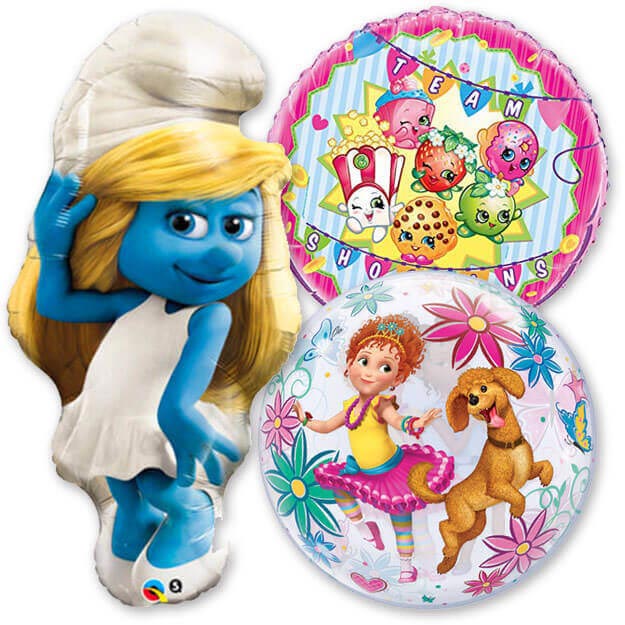 balloons featuring smurfs, fancy nancy, and shopkins