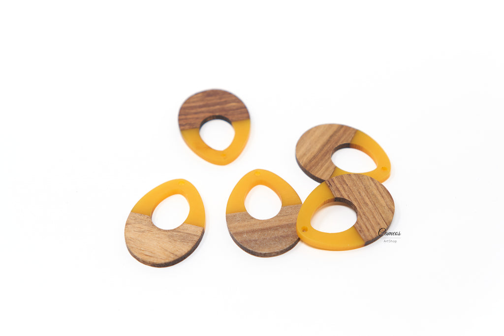 2 pcs Yellow Wood Resin Pendant, Teardrop Wooden Charms, Real wood, Flat Pendant Earring Charm, 37x28mm