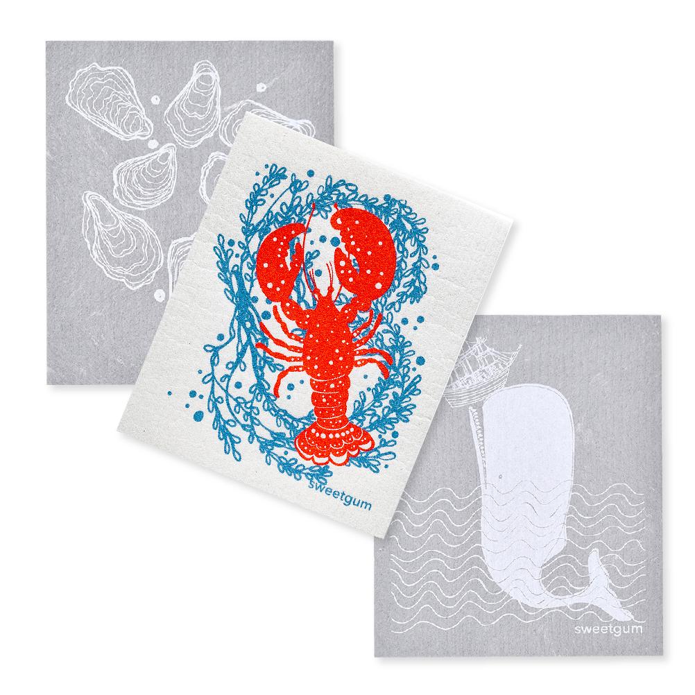 Image of Bundle of 3 Swedish Dishcloths | Lobster, Oysters & Whale